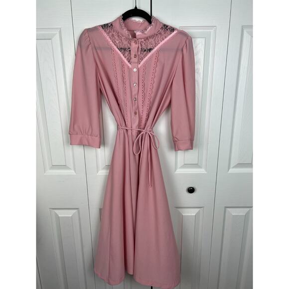 Vintage 70s Dress Montgomery Ward Sz 12 Women’s Cottagecore Lace Polyester Pink - Picture 5 of 6